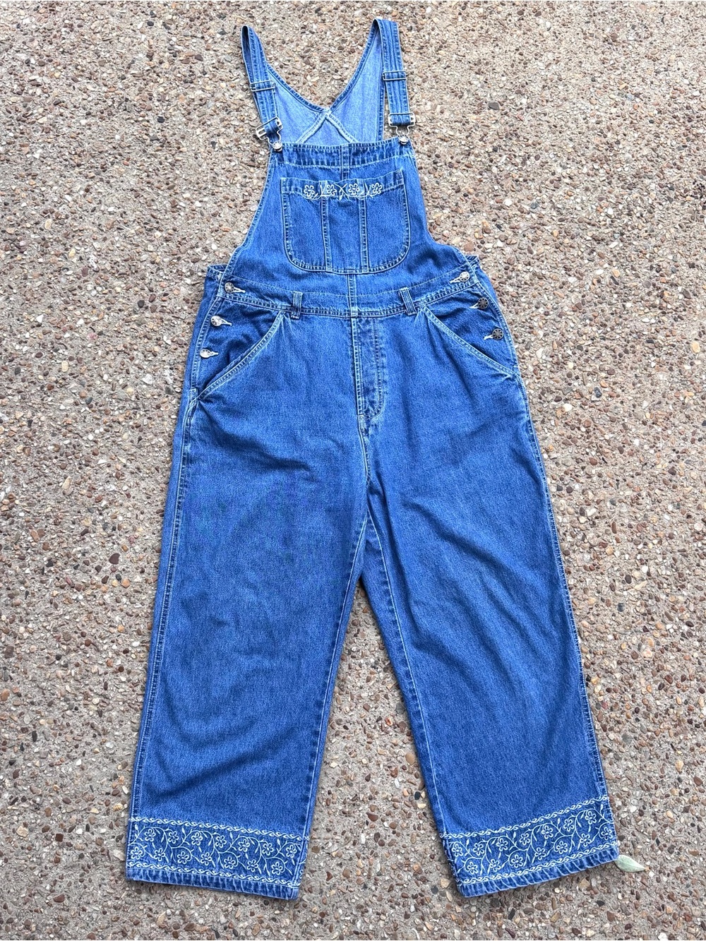 A.M.I. Junior Blue Jean Denim Floral Embroidered Wide Leg Overalls Size L